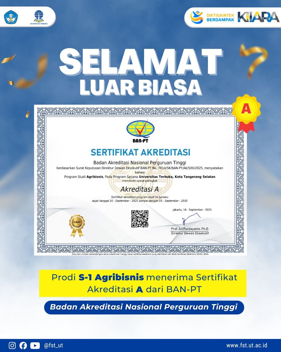 Kabar Membanggakan! Prodi S-1 Agribisnis UT Resmi Sandang Akreditasi A dari BAN-PT