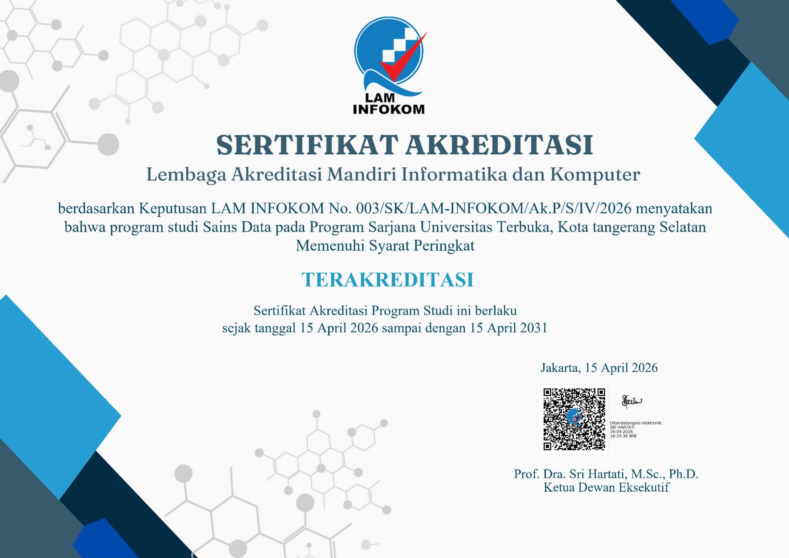 Langkah Awal Menuju Standar Kualitas: Program Studi Sains Data FST UT Resmi Terakreditasi LAM INFOKOM
