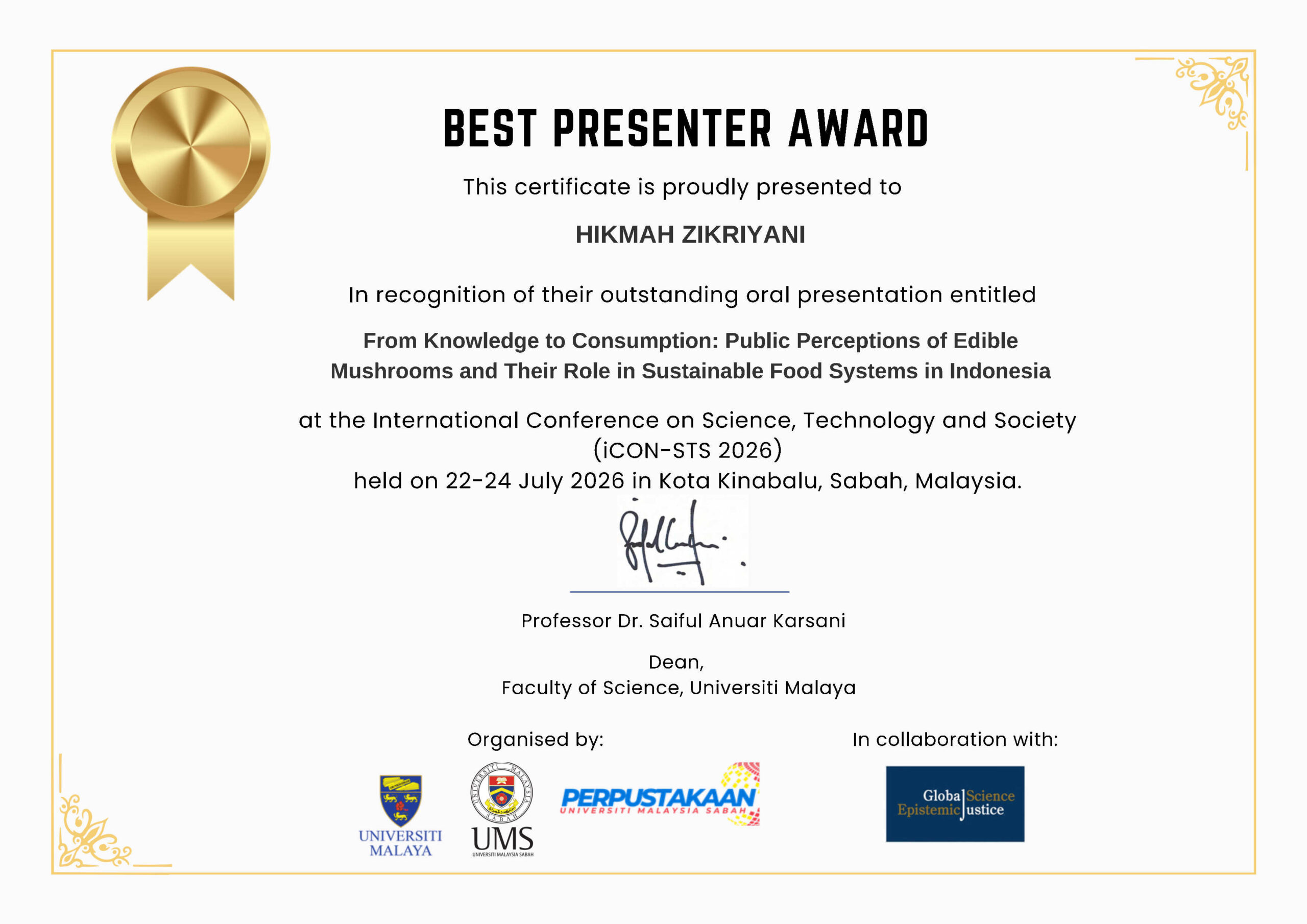 Sertifikat Best Presenter Hikmah Zikriyani