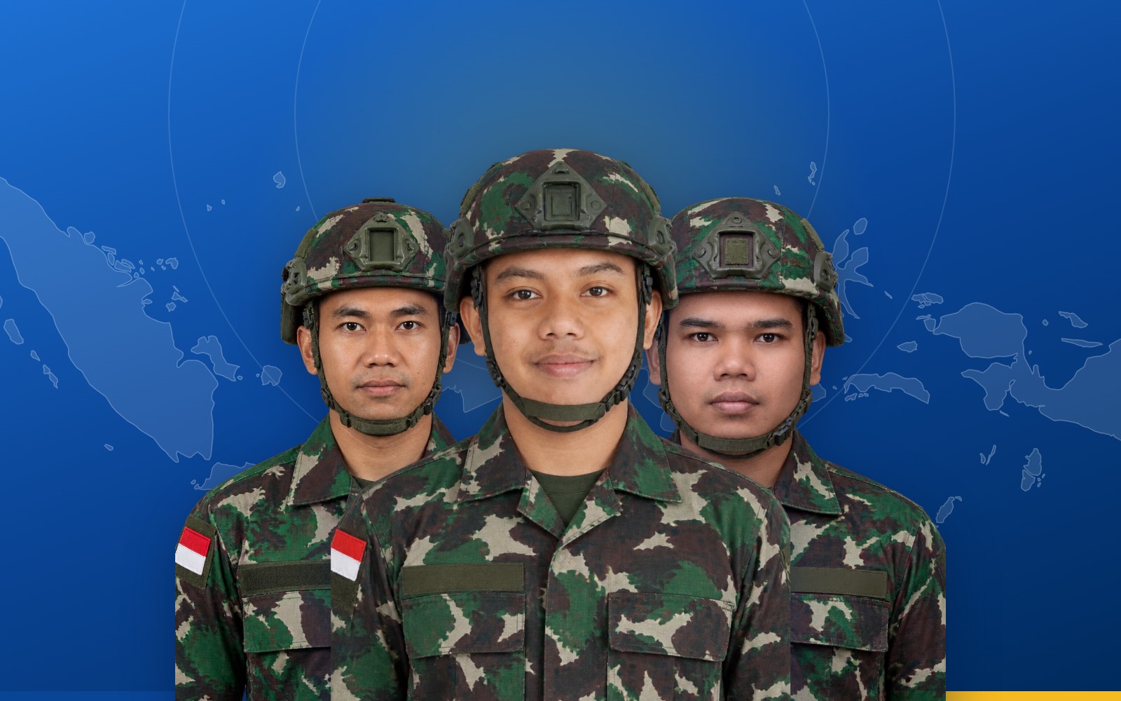 Ilustrasi tiga dosen FST UT berseragam loreng latihan Komponen Cadangan dengan latar peta Indonesia